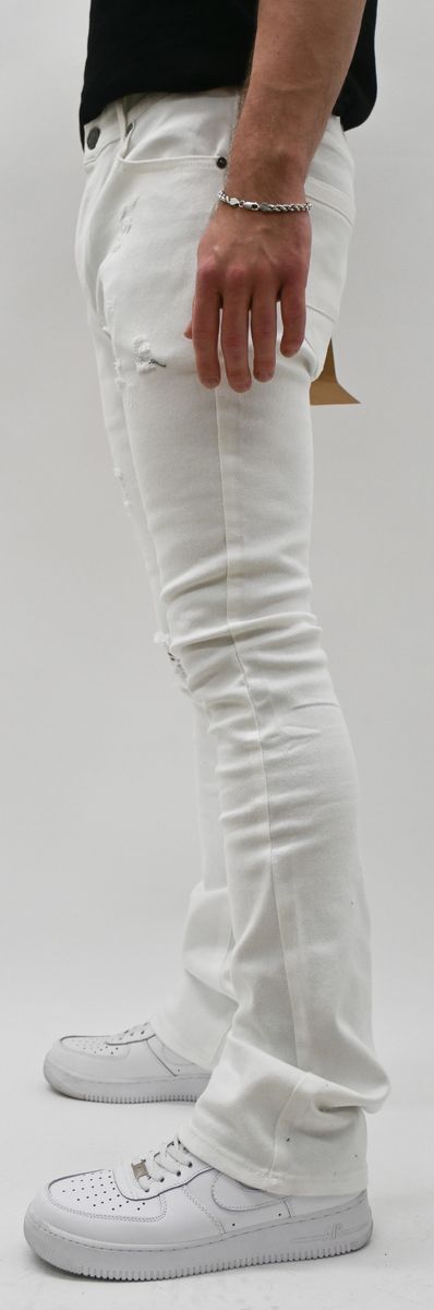 WHITE RIPPED STACKED JEANS