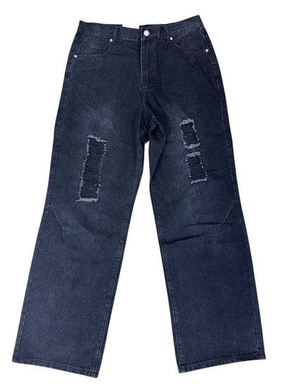 JET BLACK RIPPED BAGGY JEANS