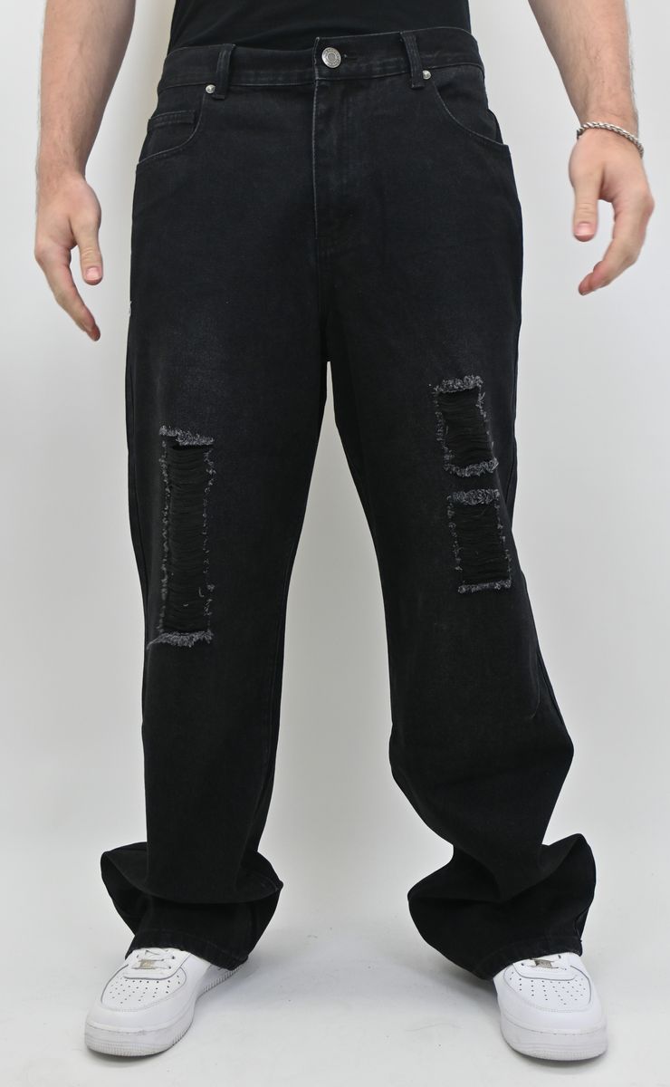 JET BLACK RIPPED BAGGY JEANS