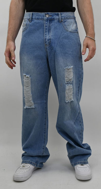 LIGHT BLUE RIPPED BAGGY JEANS