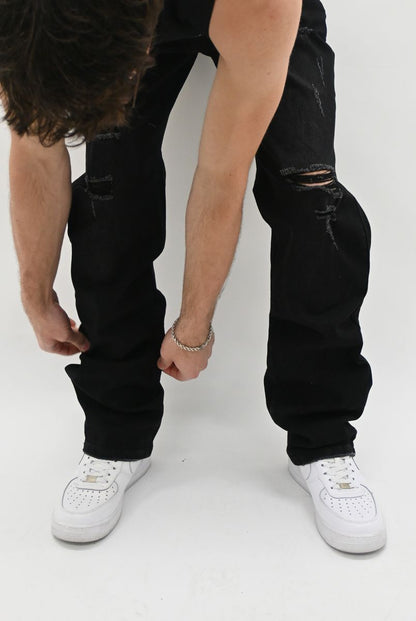 JET BLACK RIPPED SLIM JEANS