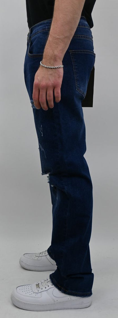 MID BLUE RIPPED SLIM JEANS