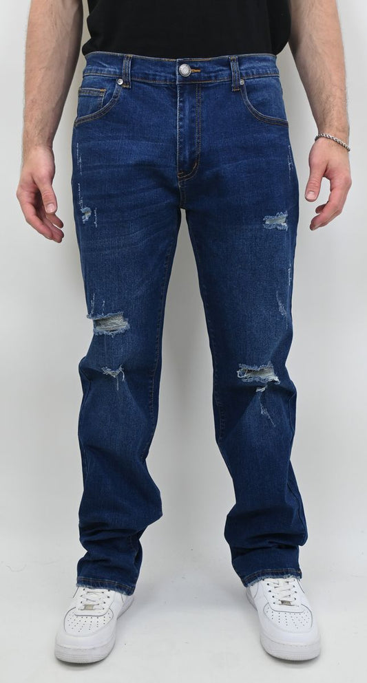 MID BLUE RIPPED SLIM JEANS