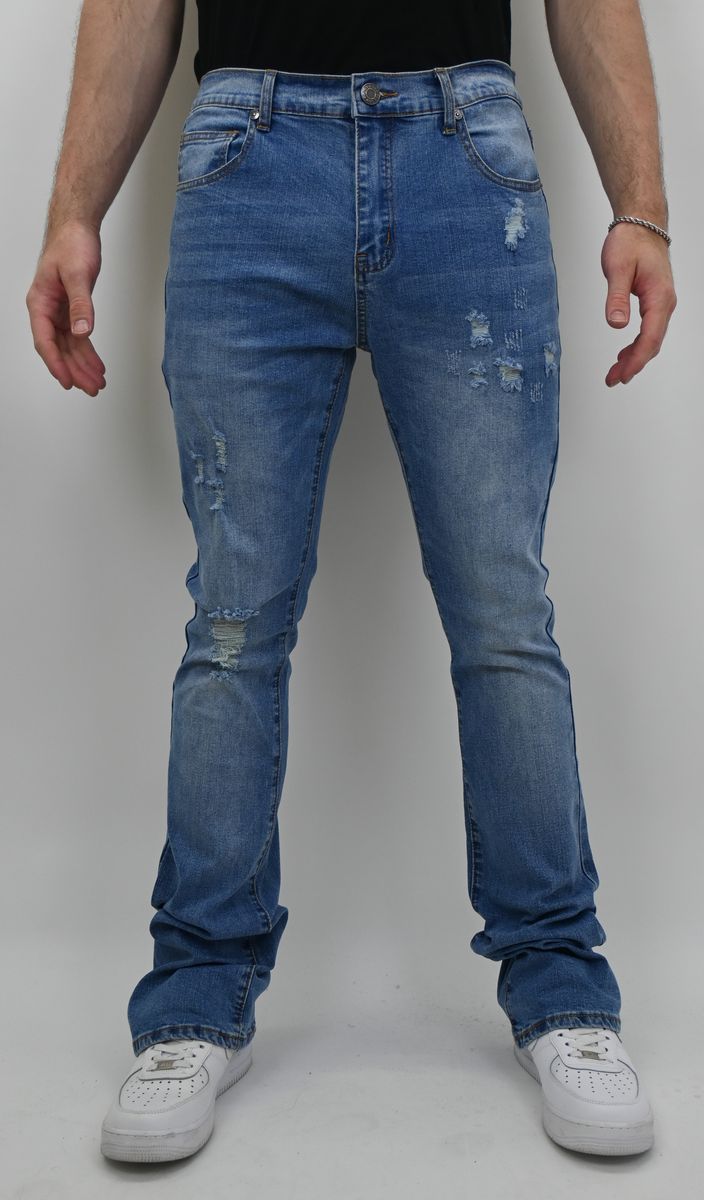 LIGHT BLUE STACKED JEANS WITH RIP AND TEAR