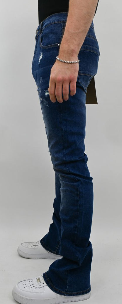 MID BLUE RIPPED STACKED JEANS