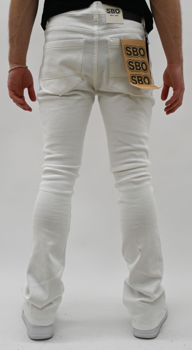 WHITE RIPPED STACKED JEANS