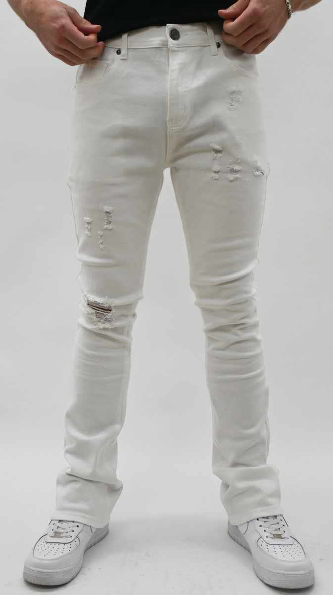 WHITE RIPPED STACKED JEANS