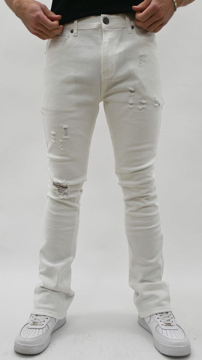 WHITE RIPPED STACKED JEANS