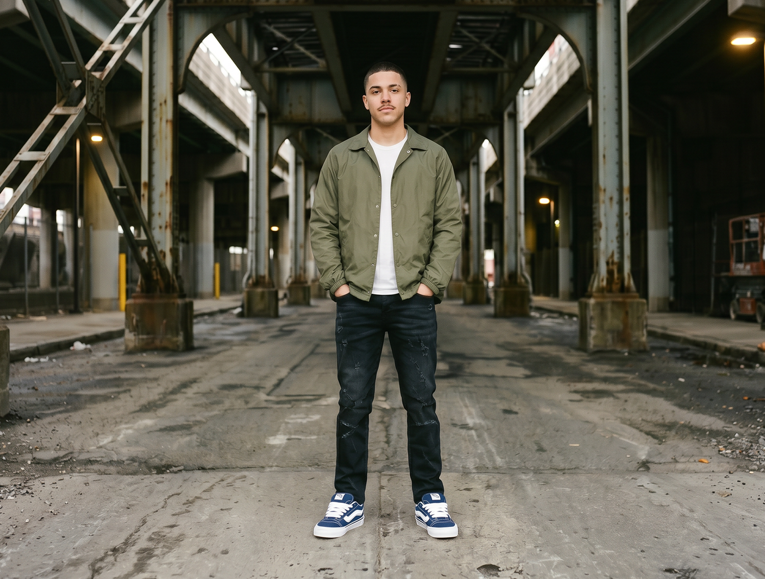 Man standing in an industrial area wearing a green jacket and dark jeans.