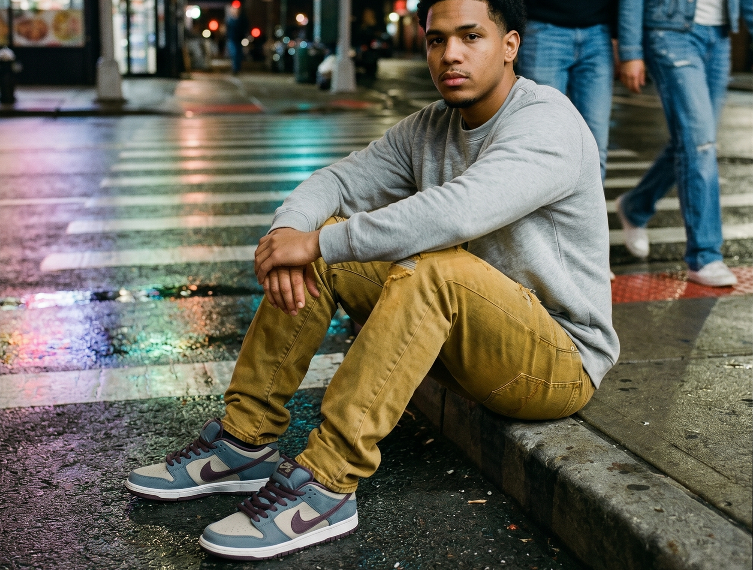 Person sitting on a sidewalk at night with a colorful crosswalk in the background