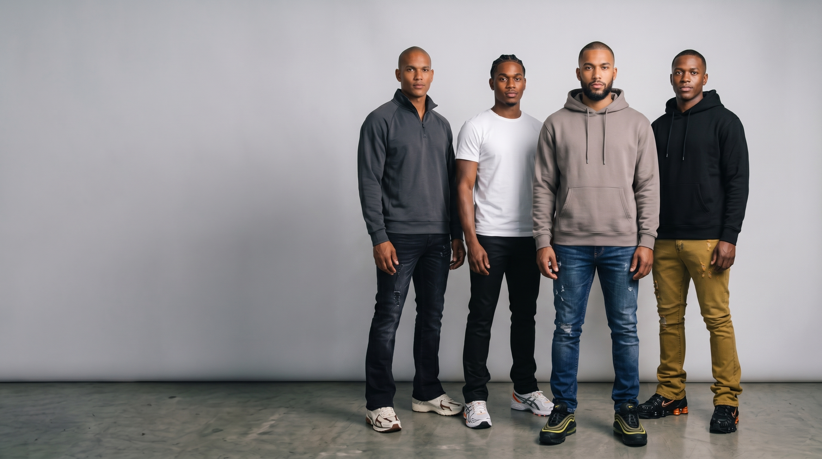 Four men standing side by side against a plain background