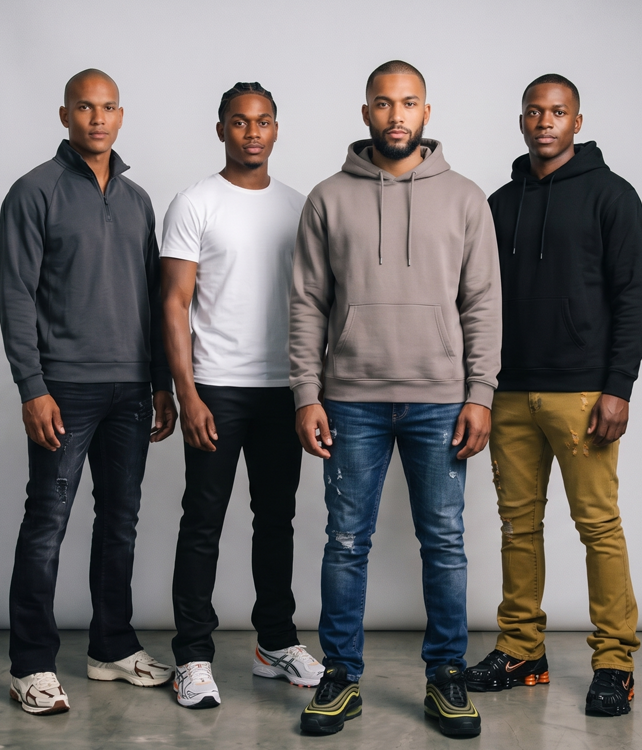 Four men wearing hoodies and jeans standing against a plain background